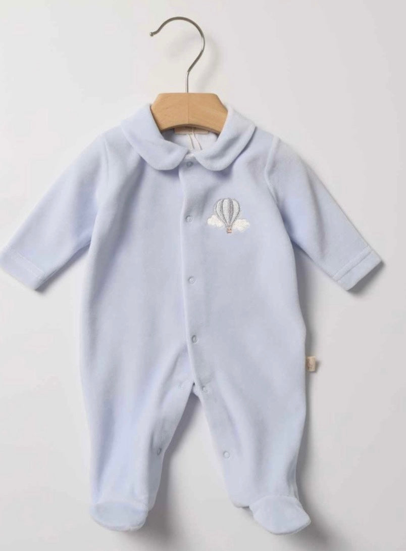 Tutina in ciniglia ricamo mongolfiera azzurro